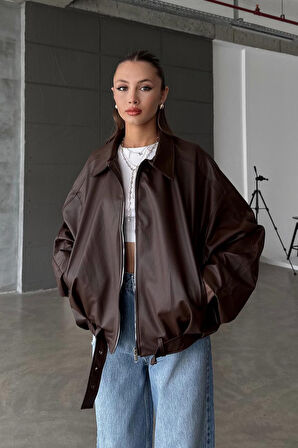 Kadın Oversize Deri Ceket– Oversize Relax Fit, Fermuarlı Kemer Detaylı Günlük Kadın Ceket