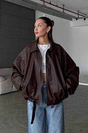 Kadın Oversize Deri Ceket– Oversize Relax Fit, Fermuarlı Kemer Detaylı Günlük Kadın Ceket