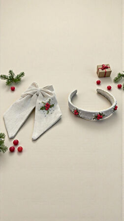 Kokina Motifli El Nakışlı Keten Taç ve Fiyonk Toka Seti – El Yapımı Aksesuar Seti