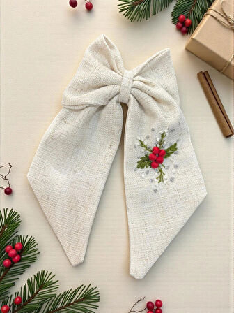 Kokina Motifli El Nakışlı Keten Taç ve Fiyonk Toka Seti – El Yapımı Aksesuar Seti