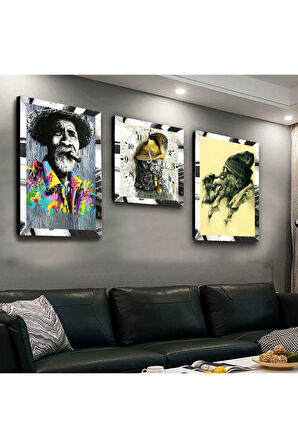 Gümüş Aynalı Pleksi Çerçeveli Tarz Ispanyol Dede Üçlü Mdf Tablo Seti Ve Saat Seti