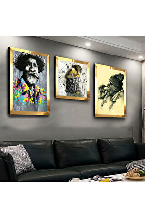 Gümüş Aynalı Pleksi Çerçeveli Tarz Ispanyol Dede Üçlü Mdf Tablo Seti Ve Saat Seti