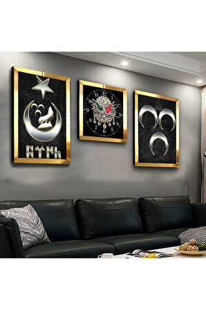 Gümüş Aynalı Pleksi Çerçeveli Göktürk Üçlü Mdf Tablo Seti Ve Saat Seti