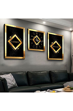Gümüş Aynalı Pleksi Çerçeveli Sabret Şükret Dua Et Üçlü Mdf Tablo Seti Ve Saat Seti