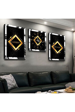 Gümüş Aynalı Pleksi Çerçeveli Sabret Şükret Dua Et Üçlü Mdf Tablo Seti Ve Saat Seti