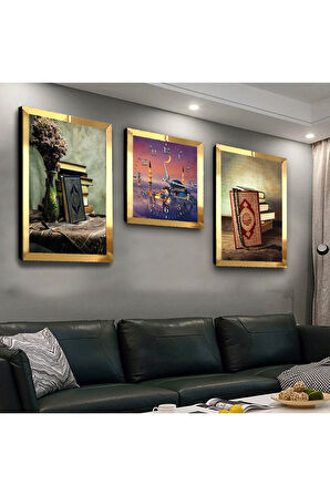 Gümüş Aynalı Pleksi Çerçeveli Kuran Üçlü Mdf Tablo Seti Ve Saat Seti