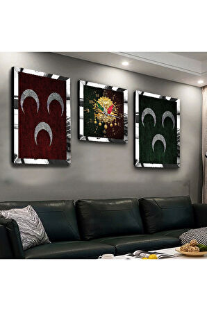 Gümüş Aynalı Pleksi Çerçeveli Osmanlı Tuğrası Ve 3hilal Üçlü Mdf Tablo Seti Ve Saat Seti