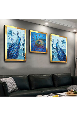 Gümüş Aynalı Pleksi Çerçeveli Mavi Tavus Kuşu Üçlü Mdf Tablo Seti Ve Saat Seti