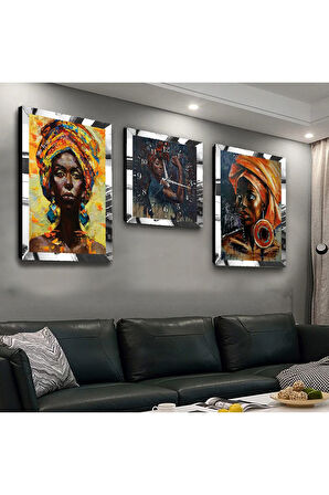 Gümüş Aynalı Pleksi Çerçeveli Afrikalı Kadın Üçlü Mdf Tablo Seti Ve Saat Seti