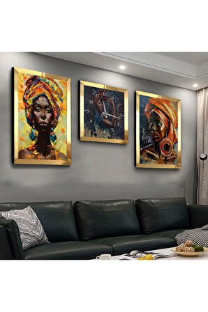 Gümüş Aynalı Pleksi Çerçeveli Afrikalı Kadın Üçlü Mdf Tablo Seti Ve Saat Seti