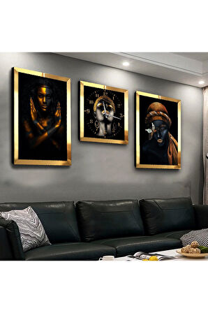 Gümüş Aynalı Pleksi Çerçeveli Afrikalı Kadın Üçlü Mdf Tablo Seti Ve Saat Seti