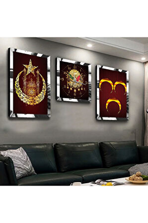 Gold Aynalı Pleksi Çerçeveli Osmanlı Tuğrası Ve Hilal Üçlü Mdf Tablo Seti Ve Saat Seti