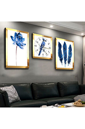 Gold Aynalı Pleksi Çerçeveli Mavi Çiçek Üçlü Mdf Tablo Seti Ve Saat Seti