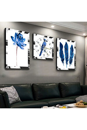 Gold Aynalı Pleksi Çerçeveli Mavi Çiçek Üçlü Mdf Tablo Seti Ve Saat Seti