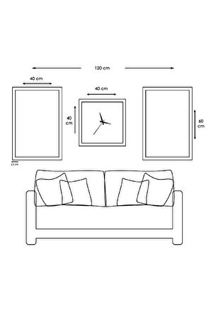 Gold Aynalı Pleksi Çerçeveli Mavi Çiçek Üçlü Mdf Tablo Seti Ve Saat Seti