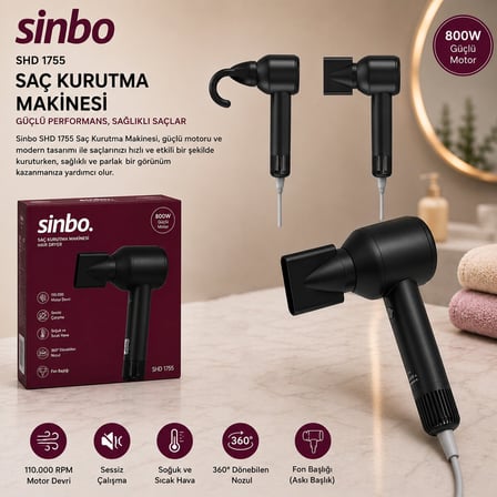 Premium Modern Tasarım Kişisel Bakım Yeni Ev Hediyesi Sinbo Saç Kurutma Makinesi Siyah Renk 800W
