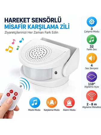 Luve Store Hareket Sensörlü Misafir Karşılama Zili PIR Kapı Giriş Alarmı 32 Melodili Uzaktan Kumandalı