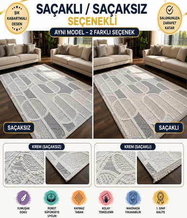 Kaymaz Taban Gri Modern Geometrik Desenli Kalın Yıkanabilir Yolluk Halı