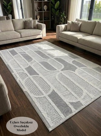 Kaymaz Taban Gri Modern Geometrik Desenli Kalın Yıkanabilir Yolluk Halı