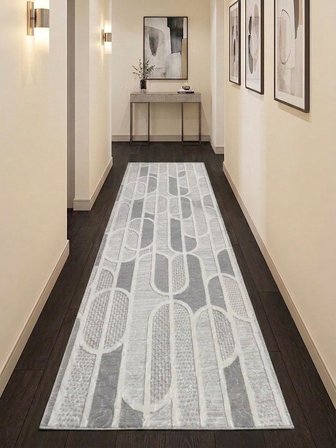 Kaymaz Taban Gri Modern Geometrik Desenli Kalın Yıkanabilir Yolluk Halı