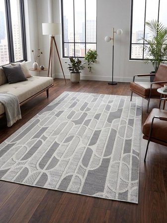Kaymaz Taban Gri Modern Geometrik Desenli Kalın Yıkanabilir Yolluk Halı