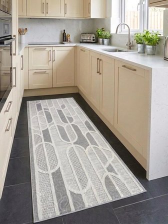 Kaymaz Taban Gri Modern Geometrik Desenli Kalın Yıkanabilir Yolluk Halı