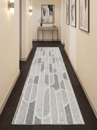 Kaymaz Taban Gri Modern Geometrik Desenli Kalın Yıkanabilir Yolluk Halı