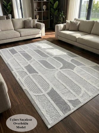 Kaymaz Taban Gri Modern Geometrik Desenli Kalın Yıkanabilir Yolluk Halı