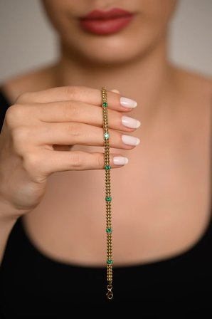 14 Ayar Altın Yeşil Taş Detaylı Top Zincir Bileklik