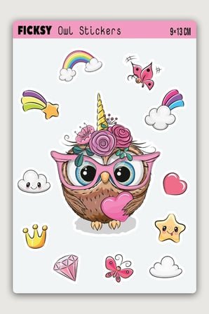Sevimli Unicorn Baykuş Sticker Seti - 12 Adet Etiket Çıkartma