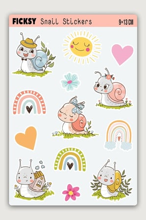 Sevimli Salyangoz Ailesi Sticker Seti - 13 Adet Etiket Çıkartma | Gökkuşağı, Güneş, Kalp Ve Çiçek