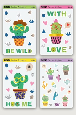 Sevimli Gözlüklü Kaktüs Sticker Seti - 49 Adet Etiket Çıkartma