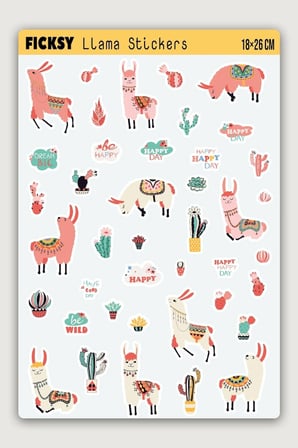 Sevimli Mutlu Lama Sticker Seti - 41 Adet Etiket Çıkartma
