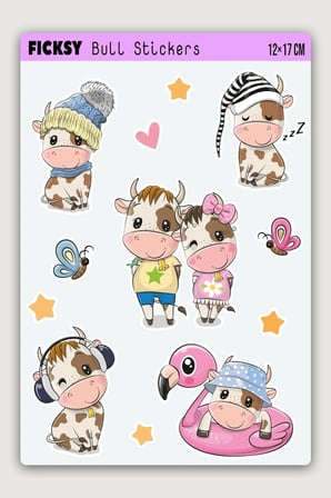 Sevimli Boğa Sticker Seti - 12 Adet Etiket Çıkartma