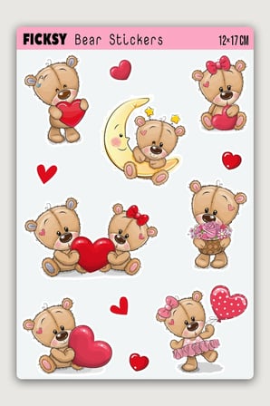 Sevimli Ayıcık Teddy Bear Sevgililer Günü Temalı Sticker Seti - 12 Adet Etiket Çıkartma