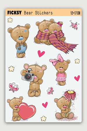 Sevimli Ayıcık Teddy Bear Sevgililer Günü Temalı Sticker Seti - 16 Adet Etiket Çıkartma