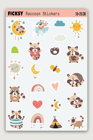 Sevimli Rakun Sticker Seti - 23 Adet Etiket Çıkartma