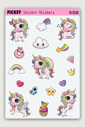 Unicorn Tek Boynuzlu At Sticker Seti - 17 Adet Etiket Çıkartma