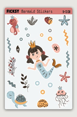 Sevimli Deniz Kızı Sticker Seti - 15 Adet Etiket Çıkartma