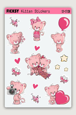 Sevimli Yavru Kedi Sticker Seti - 16 Adet Etiket Çıkartma
