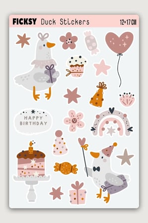 Sevimli Ördek Doğum Günü Temalı Sticker Seti -20 Adet Etiket Çıkartma