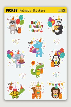 Sevimli Hayvanlar Doğum Günü Temalı Sticker Seti - 10 Adet Etiket Çıkartma
