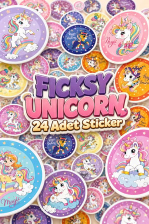 Unicorn Tek Boynuzlu At Sticker Seti - 24 Adet Yuvarlak Etiket Çıkartma