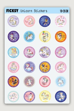 Unicorn Tek Boynuzlu At Sticker Seti - 24 Adet Yuvarlak Etiket Çıkartma