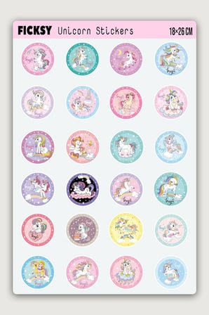 Unicorn Tek Boynuzlu At Sticker Seti - 24 Adet Yuvarlak Etiket Çıkartma