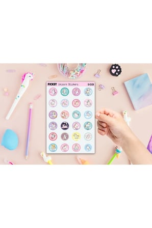 Unicorn Tek Boynuzlu At Sticker Seti - 24 Adet Yuvarlak Etiket Çıkartma