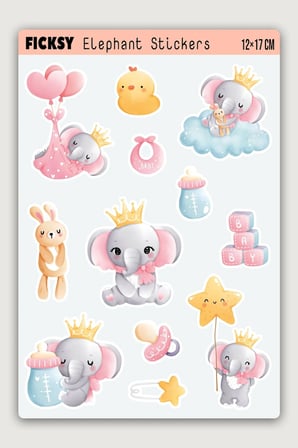 Sevimli Fil Sticker Seti - 12 Adet Etiket Çıkartma