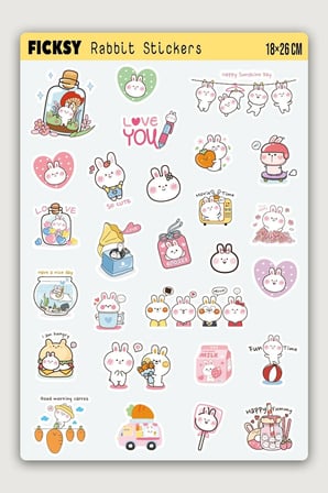 Kawaii Stili Sevimli Tavşan Sticker Seti - 27 Adet Etiket Çıkartma