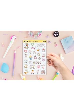 Kawaii Stili Sevimli Tavşan Sticker Seti - 27 Adet Etiket Çıkartma