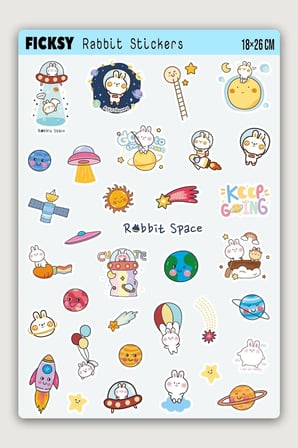 Kawaii Kozmik Tavşan Sticker Seti - 33 Adet Uzay, Gezegen, Astronot, Yıldız Etiket Çıkartma